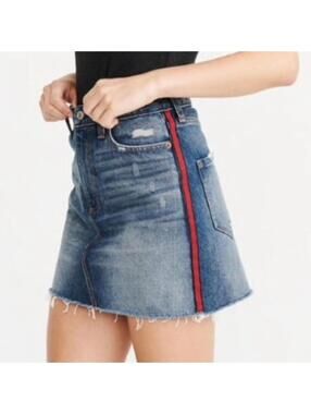 Abercrombie Zoe Denim Mini Skirt /Sporty Red Stripe Raw Hem Y2K Core [Size 27/4]
